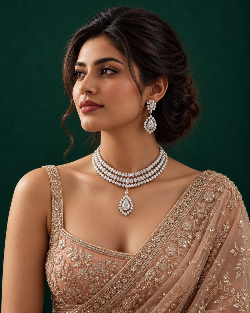 Jewellery model showing the complete necklace and earrings