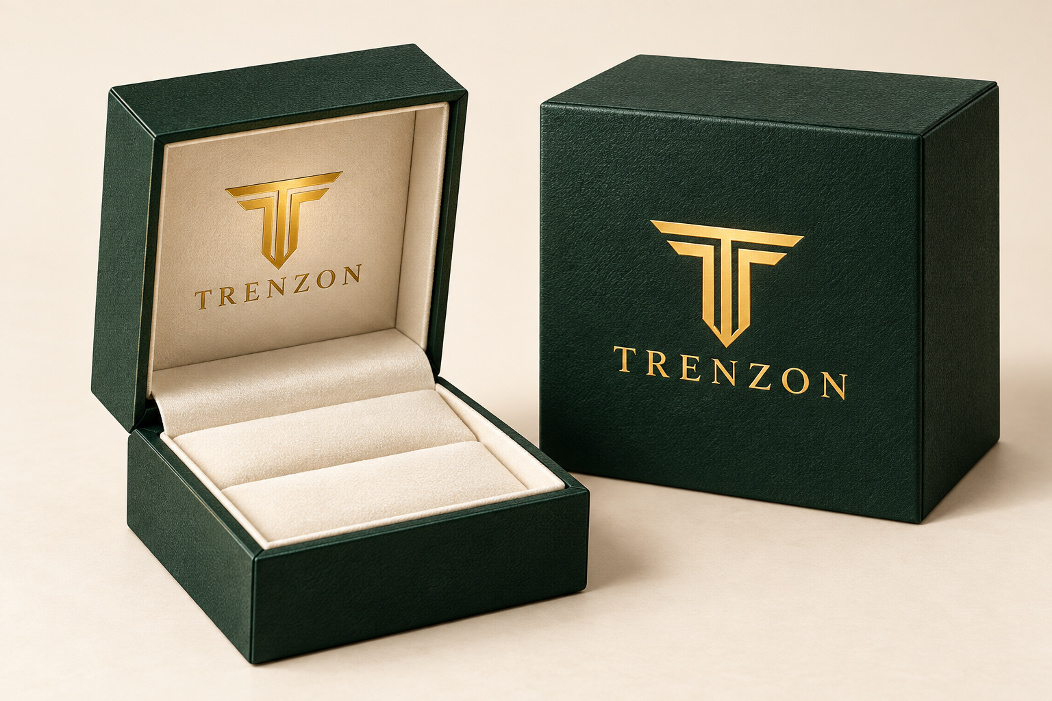 TRENZON forest-green presentation box with gold logo and ivory lining